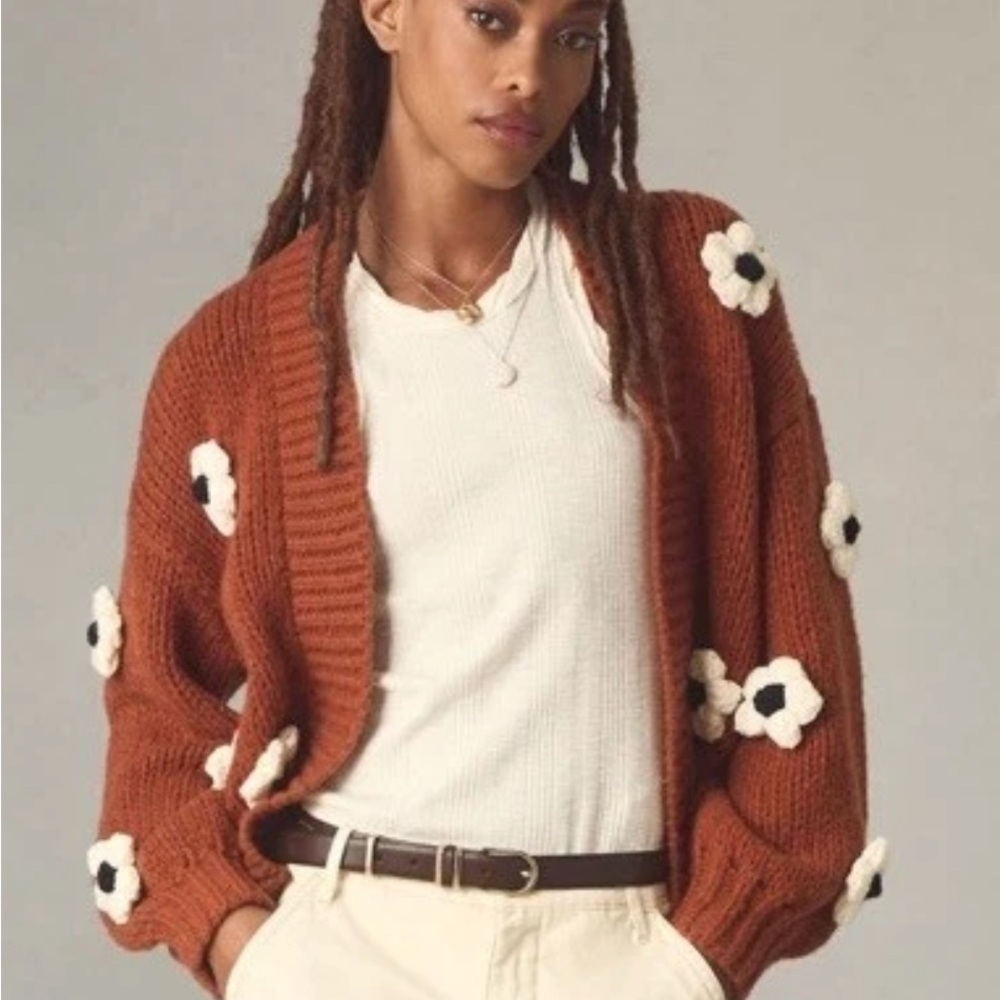 Maeve Anthropologie Chunky 3D Flower Knit OS Brown Orange Cardigan Sweater Cozy